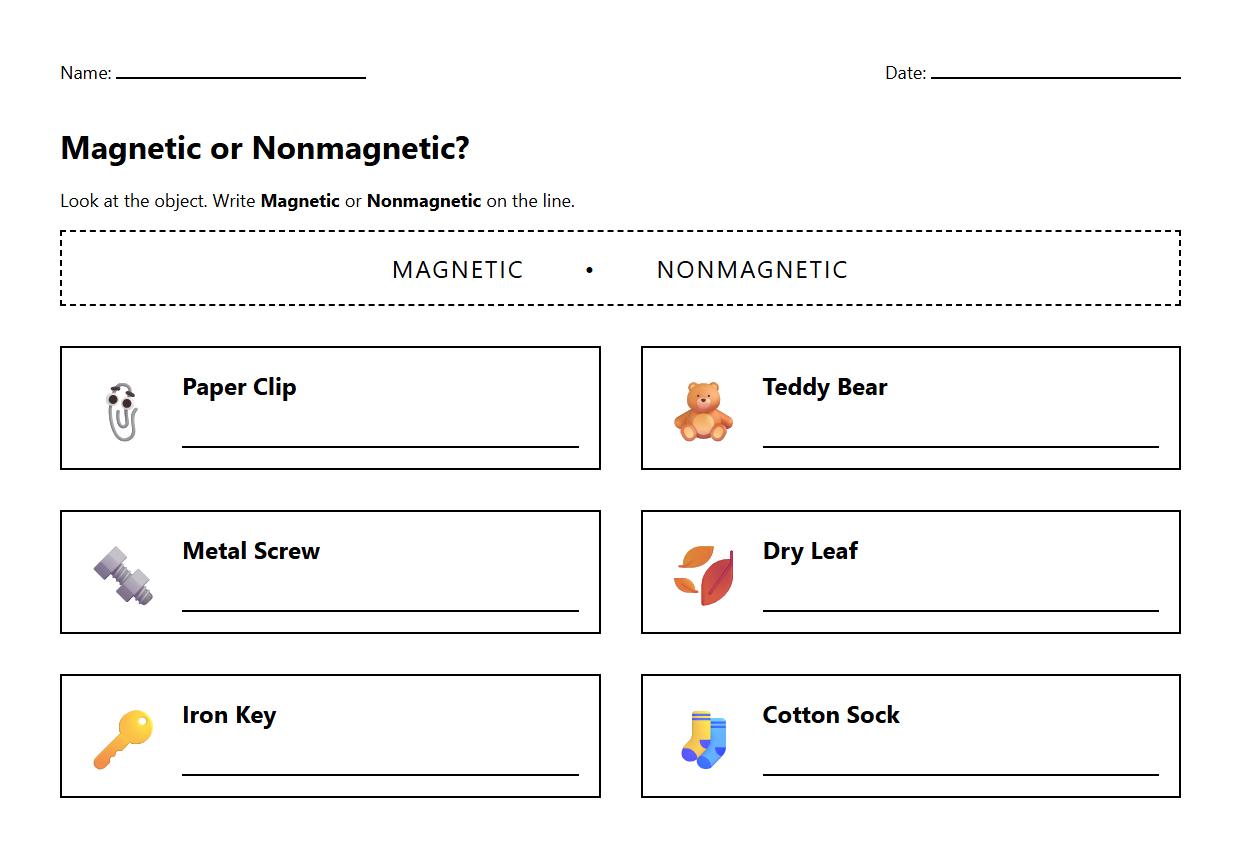 Fill in the Blank Magnetic or Nonmagnetic Worksheet