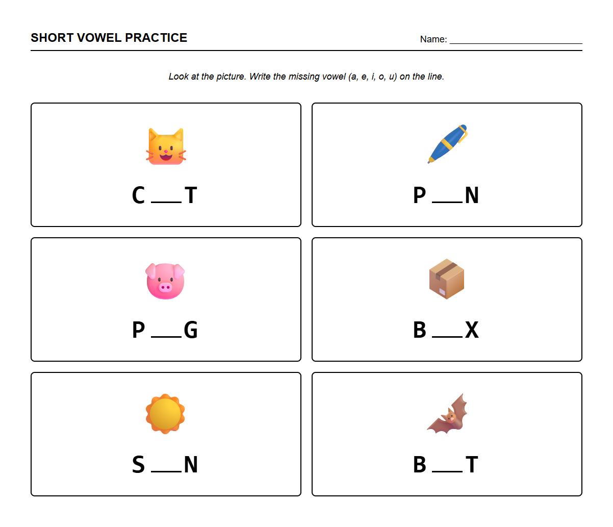 Fill in the Blank Short Vowel Words Practice