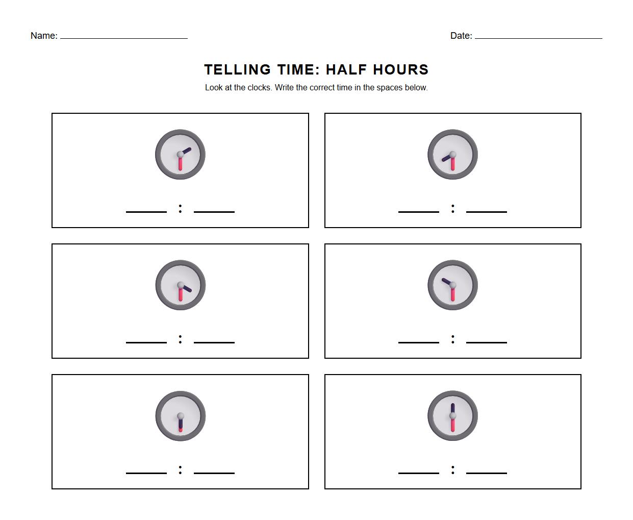 Fill in the Blank Visual Clock Worksheet Emphasizing Half Hour