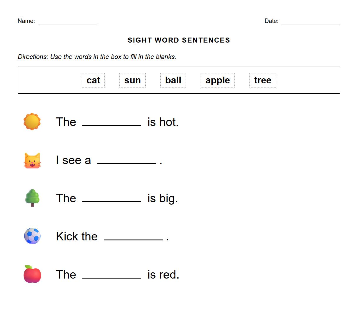 Fill in the Blanks Simple Sentences Using Sight Words