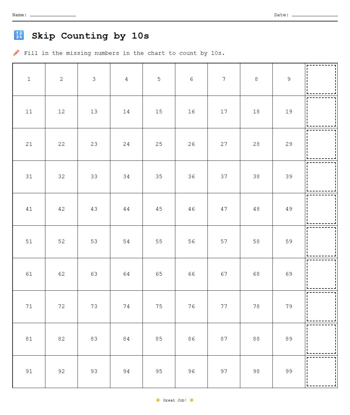Fill the Chart Skip Counting by 10s Table Worksheet