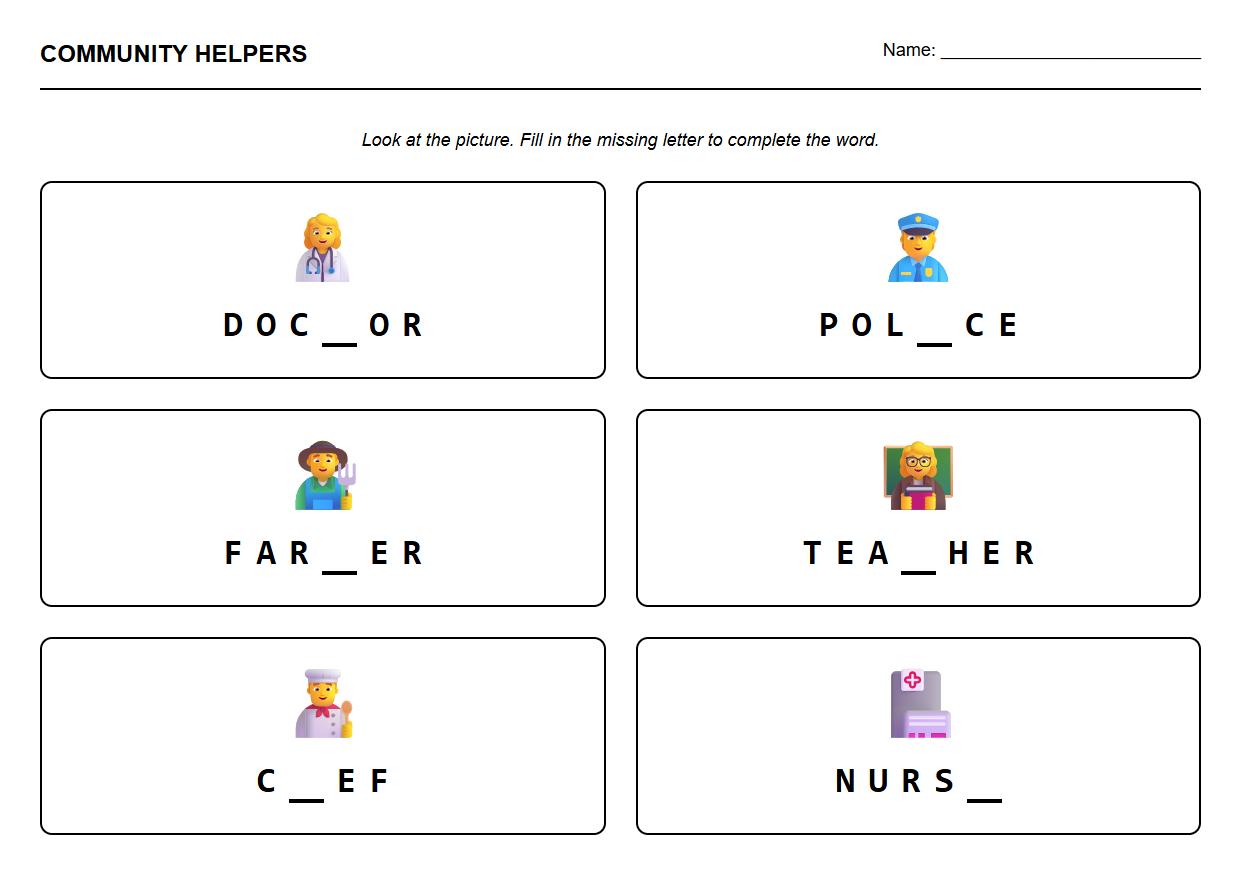 Fill in the Missing Letter for Community Helper Words