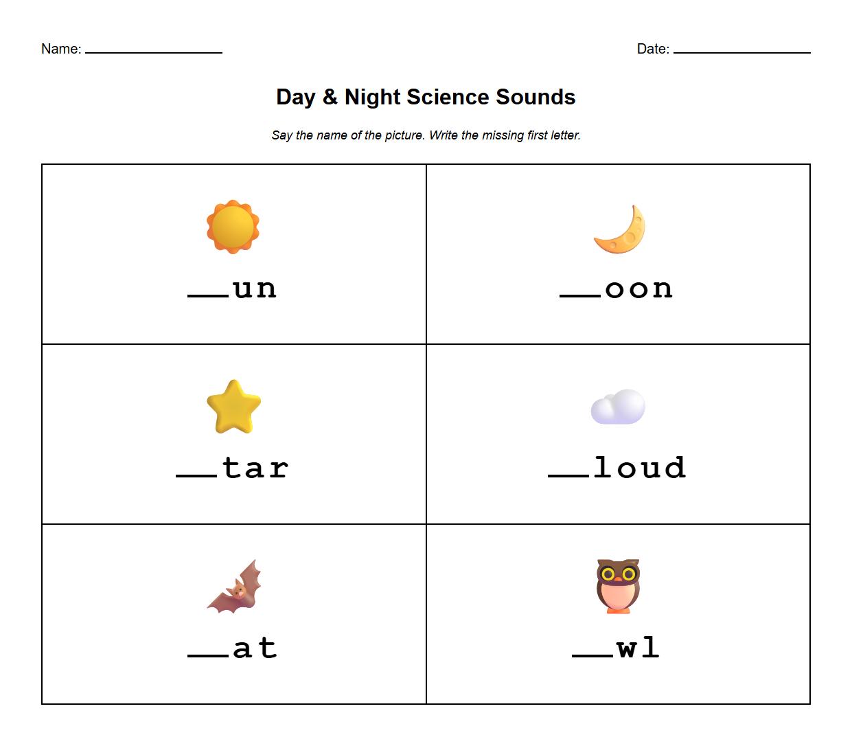Fill in the missing phoneme for day and night themed words