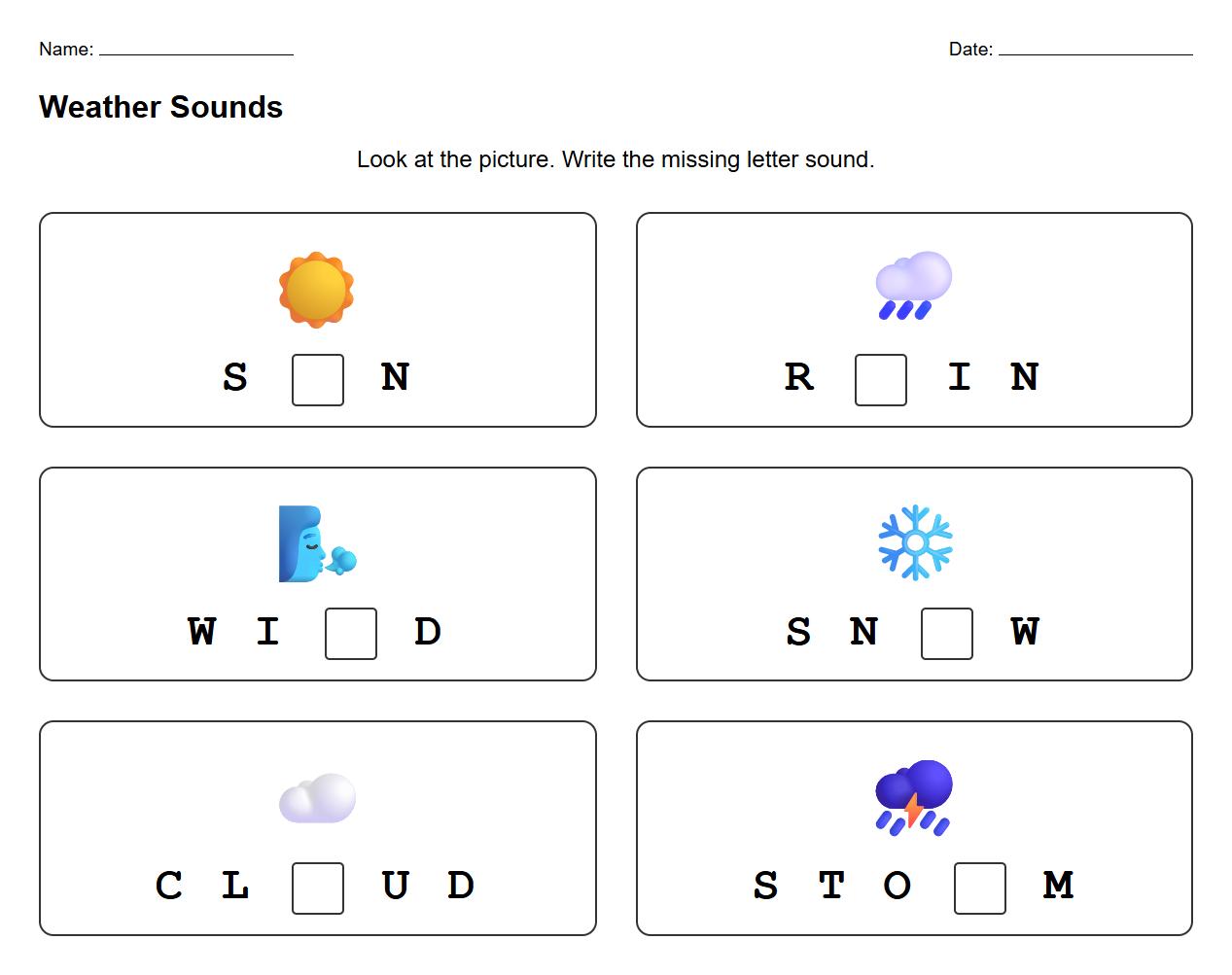 Fill in the missing phonemes in weather vocabulary worksheet