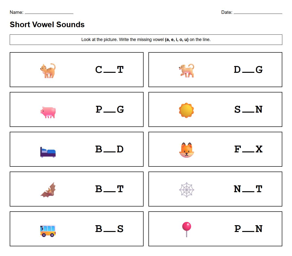 Fill in the Missing Short Vowel Word Family Blank Worksheet