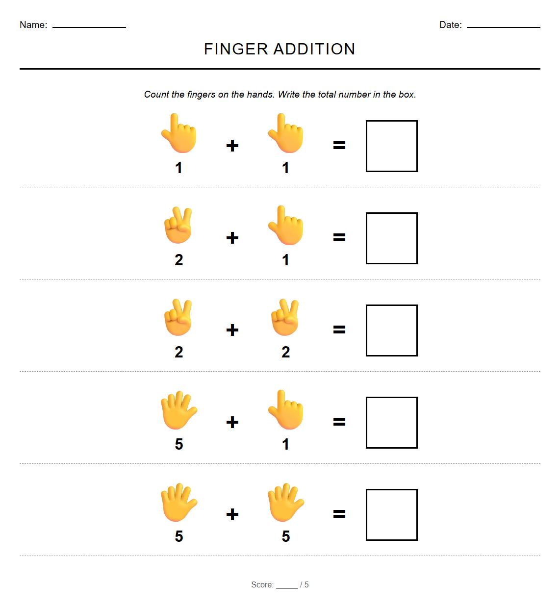 Finger Counting Addition Worksheet for tactile learning