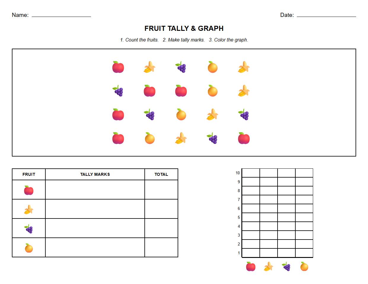 Fruit Tally and Bar Graph Kindergarten Practice Sheet