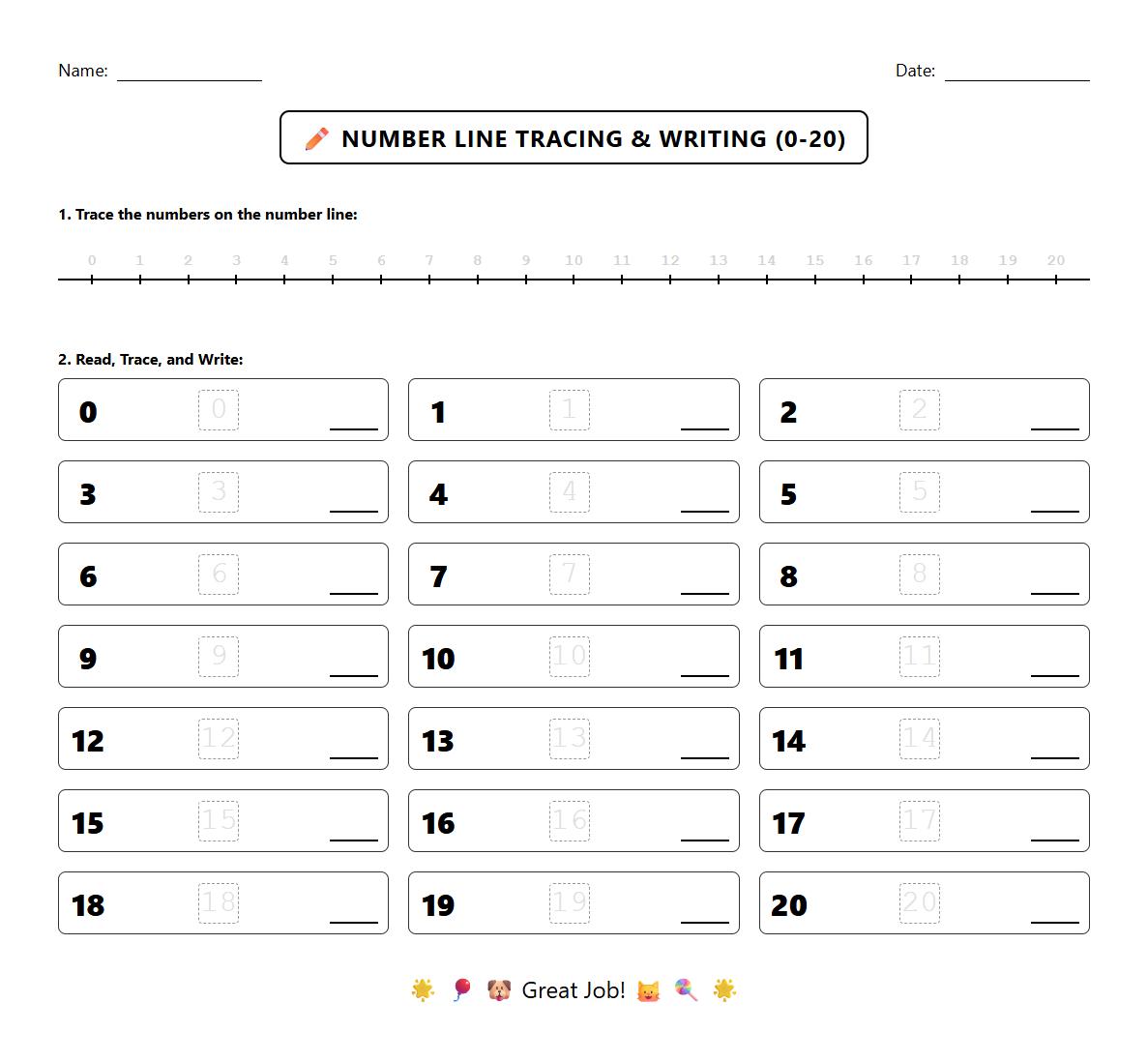 Guided Number Line Tracing and Writing 0 to 20 Worksheet