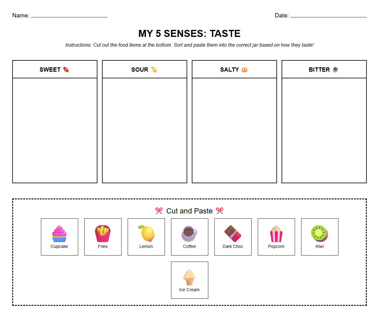 Gustatory Sense Food Vocabulary Sorting