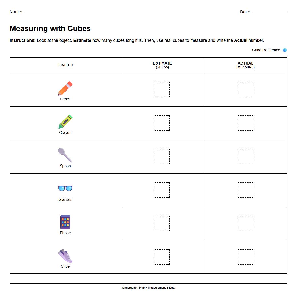 Hands-On Measurement with Cubes Estimating Length Worksheet