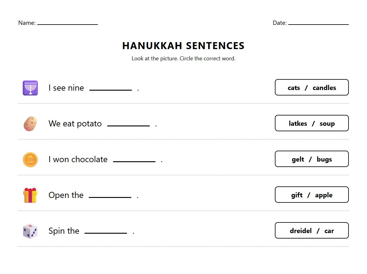 Hanukkah Sentence Completion Reading Task