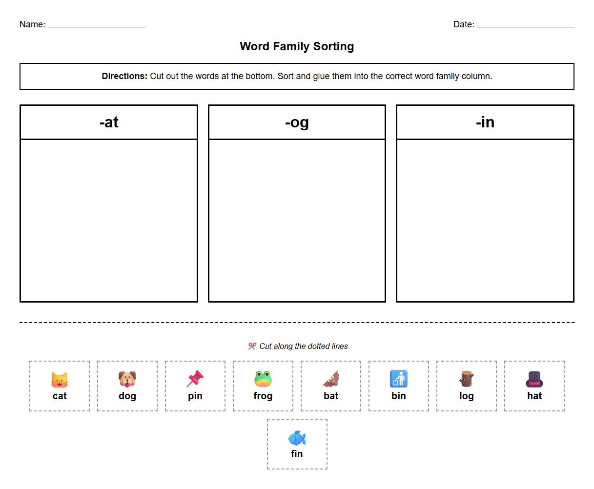 High Frequency Word Family Sorting Exercise