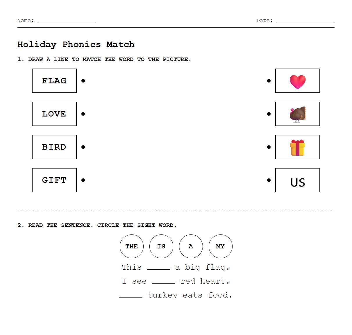 Holiday Phonics and Sight Words Matching Worksheet