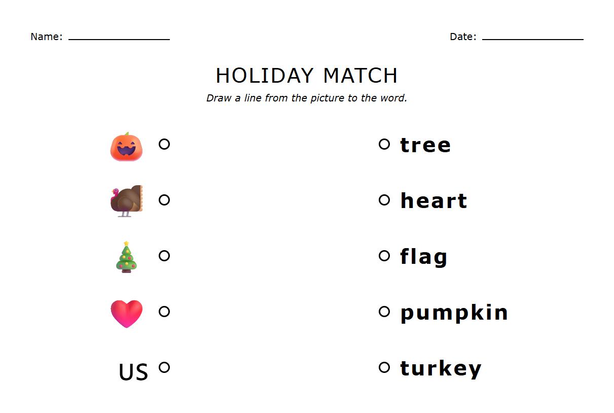 Holiday Themed Phonics Word Matching Worksheet