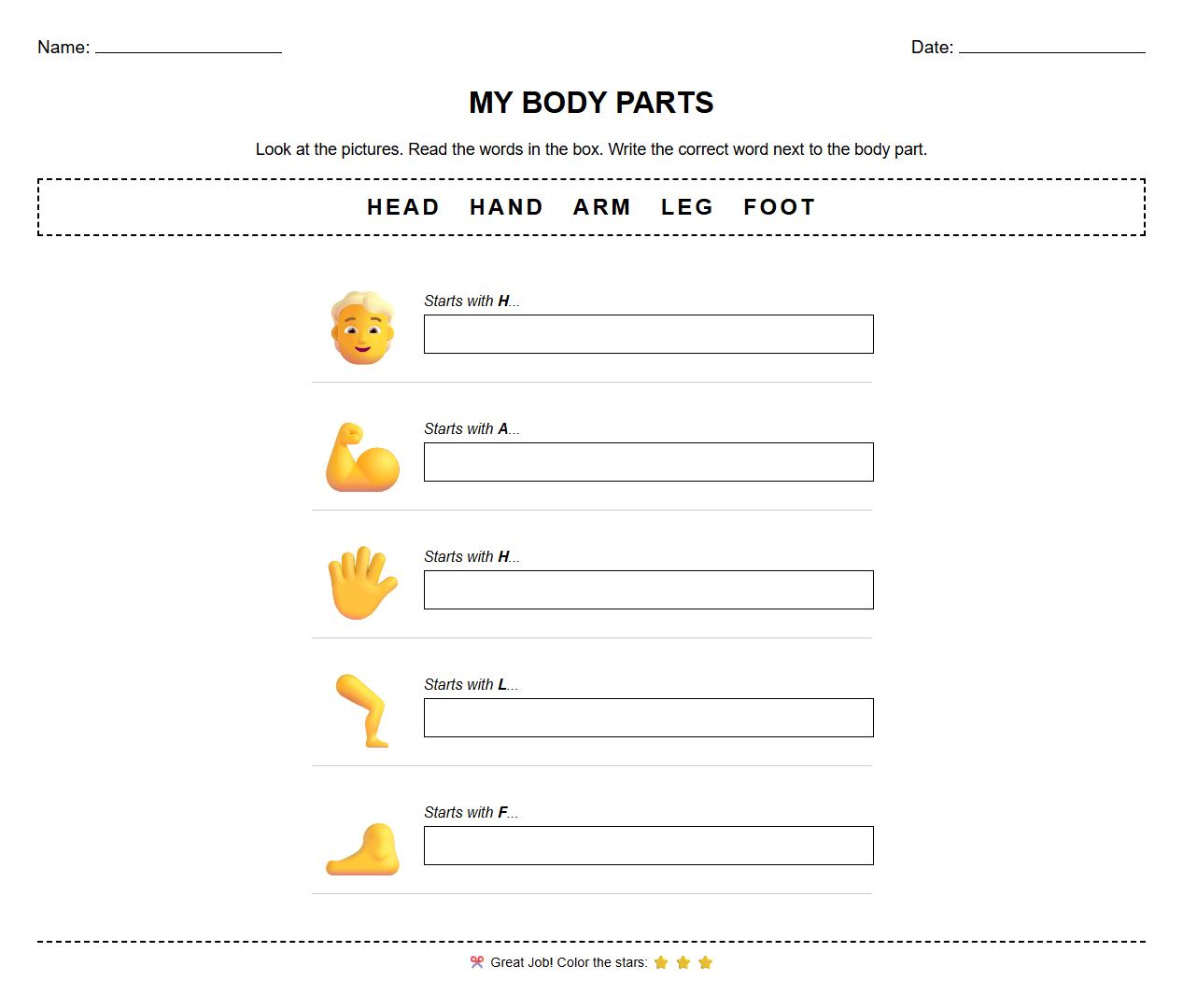 Human Body Parts Labeling Phonics Worksheet
