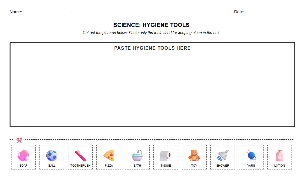 Hygiene Tools Identification Cut and Paste Worksheet