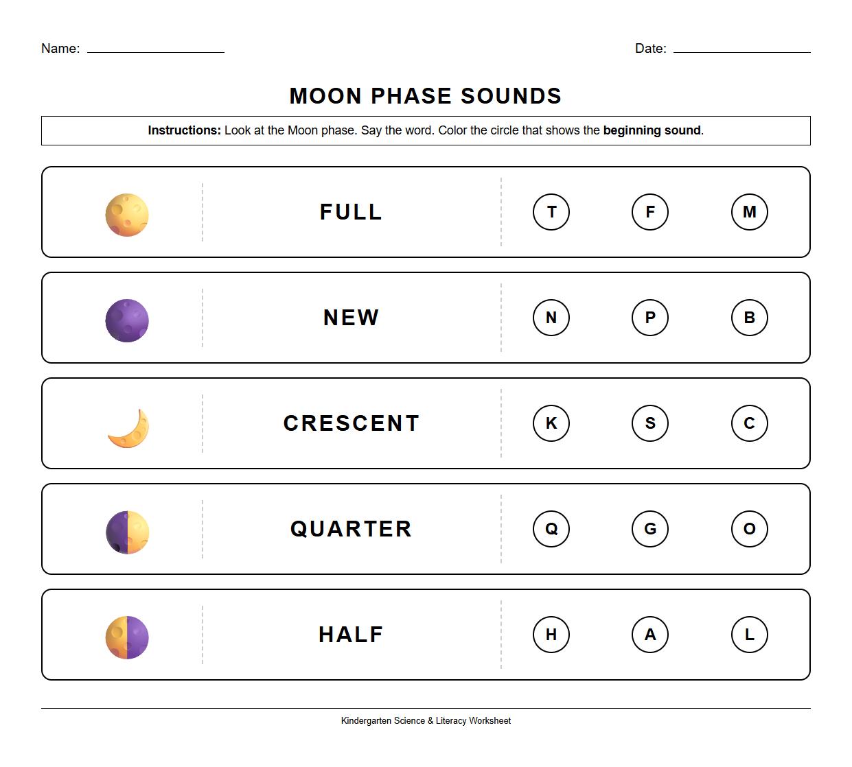 Identify and Color Moon Phases Phoneme Worksheet