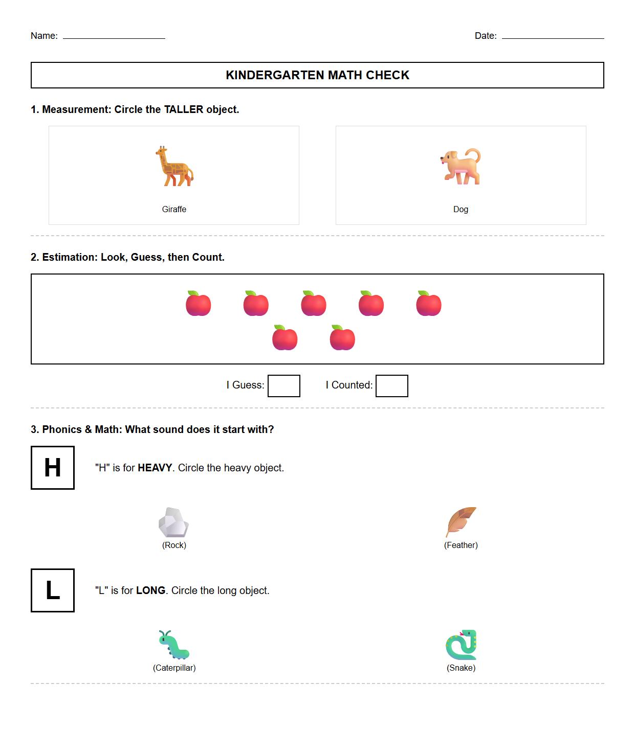Kindergarten Assessment Measurement Estimation and Phonics Integration Worksheet