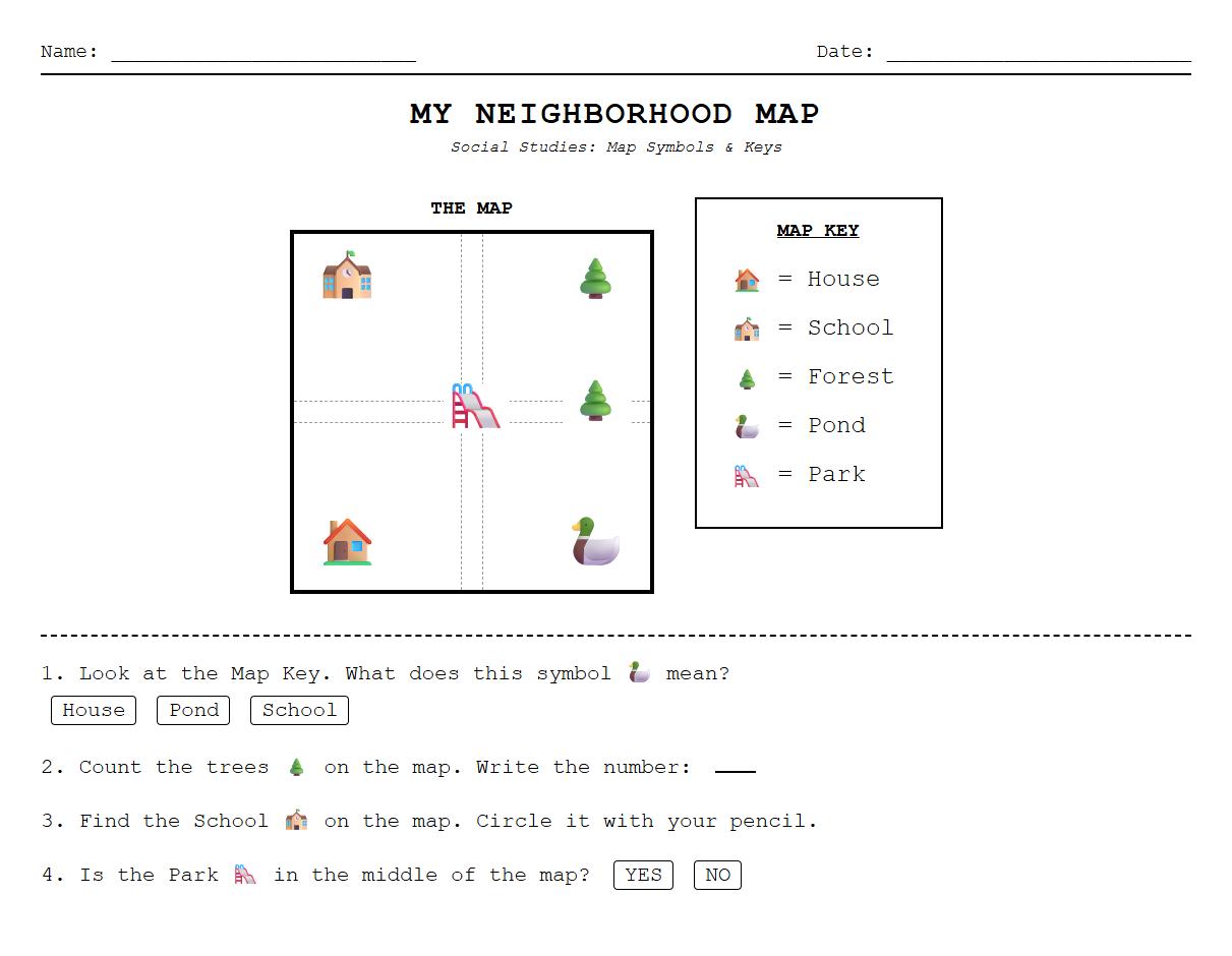 Kindergarten Geography Worksheet on Map Symbols and Legend Interpretation