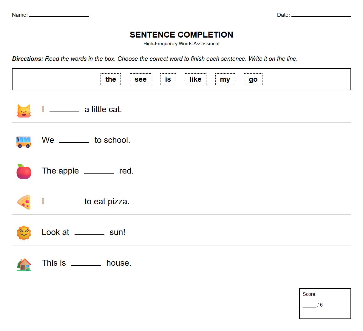 Kindergarten High-Frequency Words Assessment using Sentence Completion