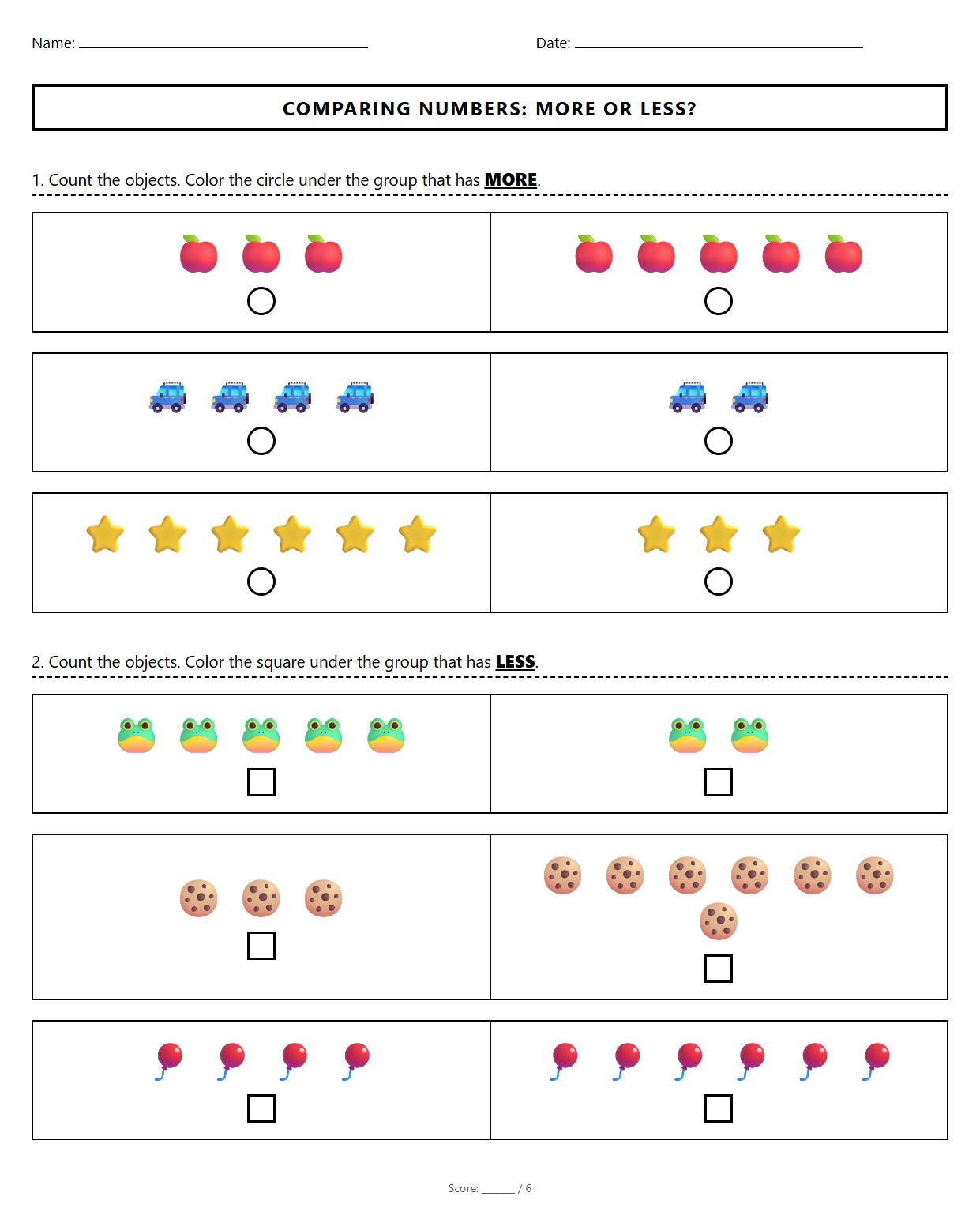 Kindergarten Math Worksheet Comparing More and Less with Visual Objects