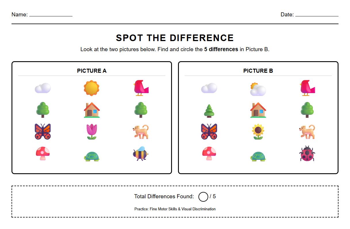 Kindergarten Spot the Difference Worksheet for Attention to Detail and Analytical Thinking