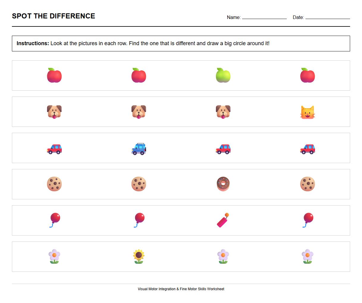 Kindergarten Spot the Difference Worksheet for Visual Motor Integration