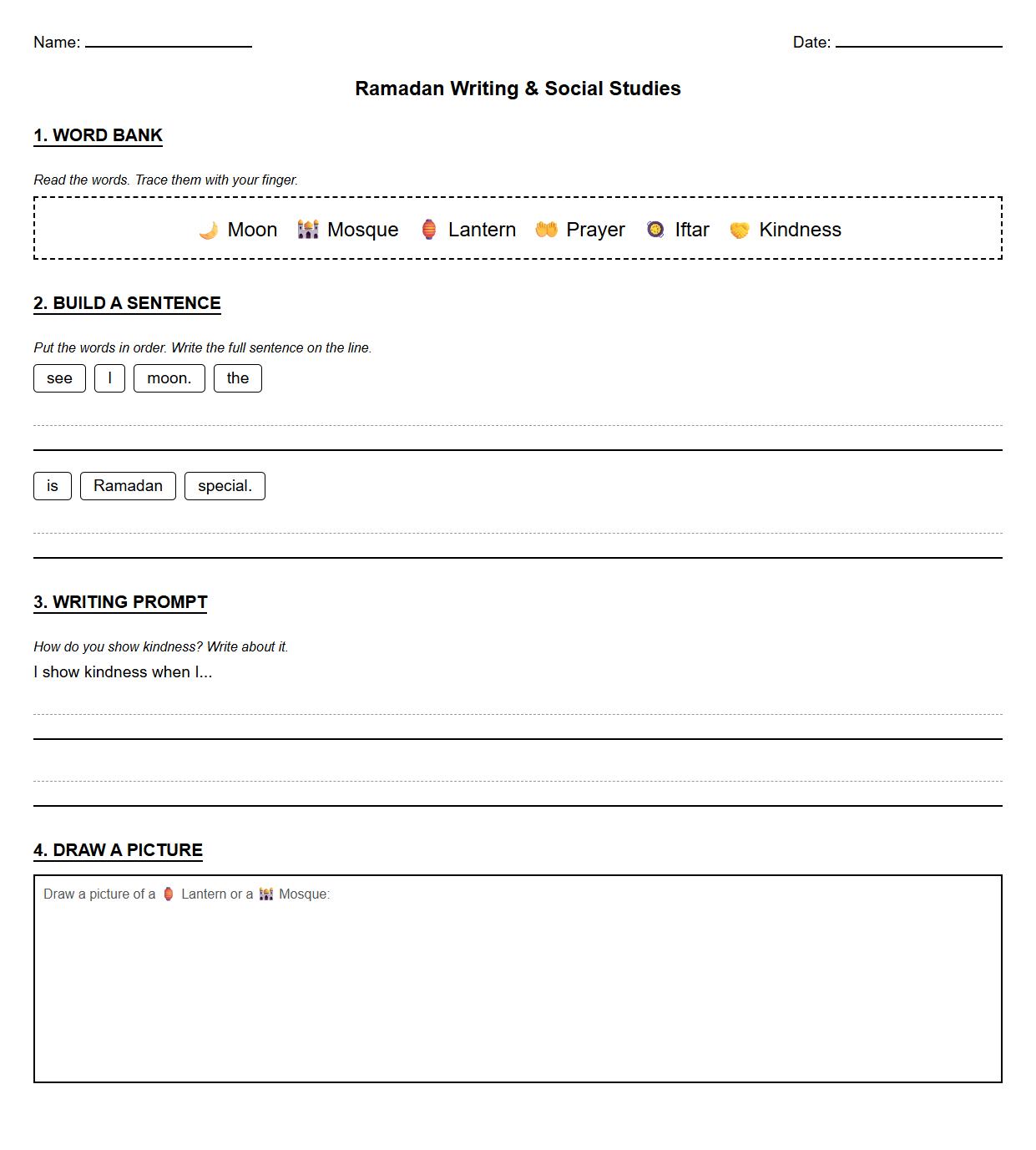 Kindergarten Writing Prompts Worksheet for Ramadan including sentence building exercises