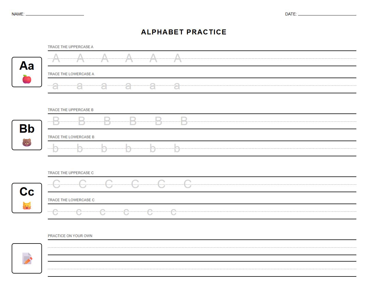 Letter Formation Handwriting Worksheet for Alphabet Learning
