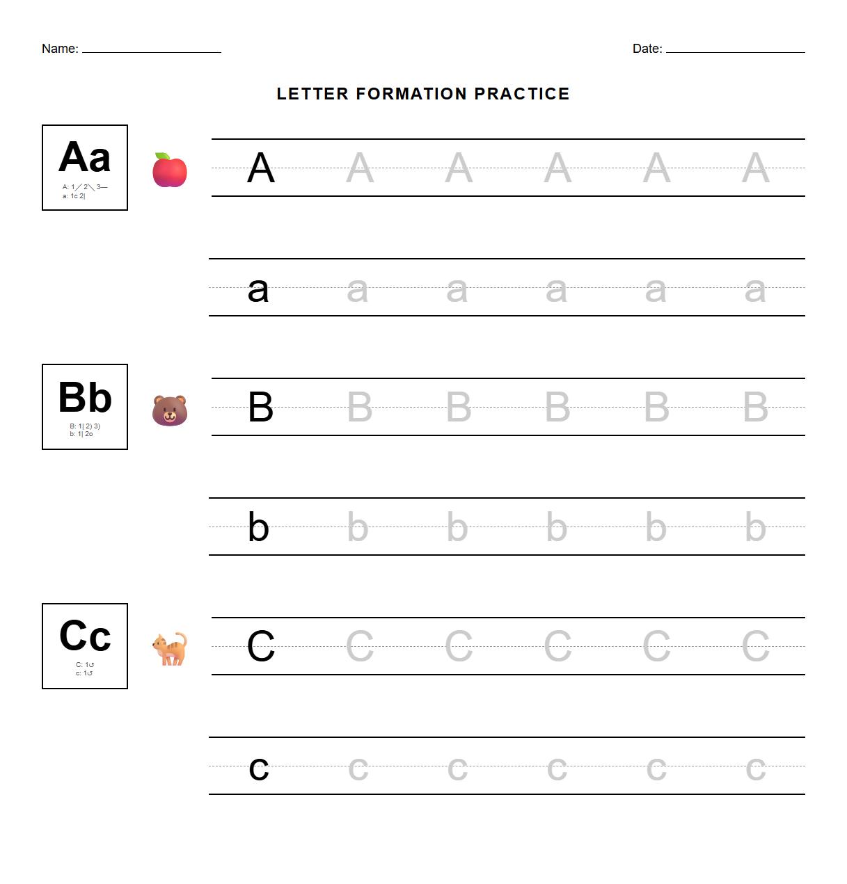 Letter Formation Practice Worksheet with Stroke Order Guide