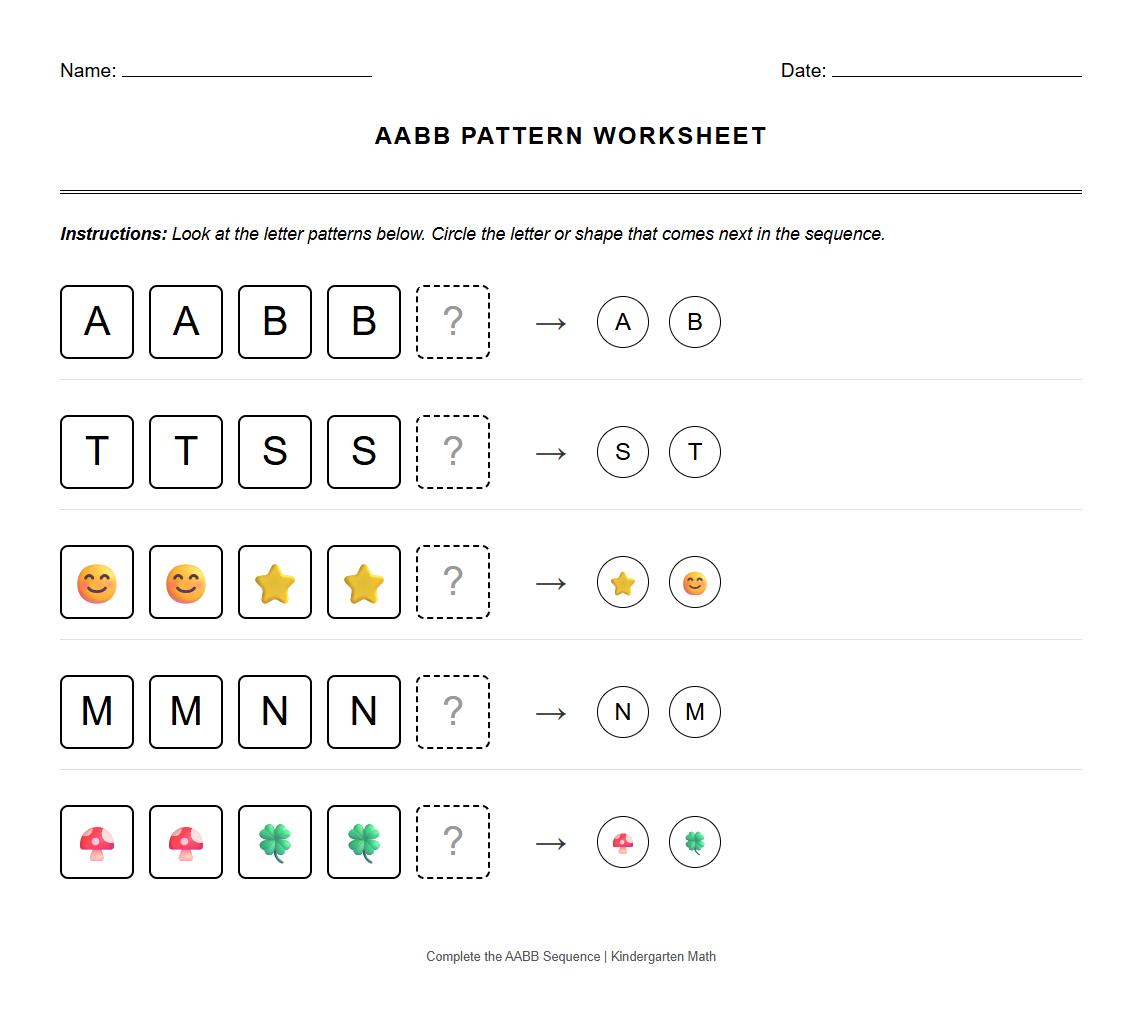Letter Recognition AABB Pattern Worksheet Activity