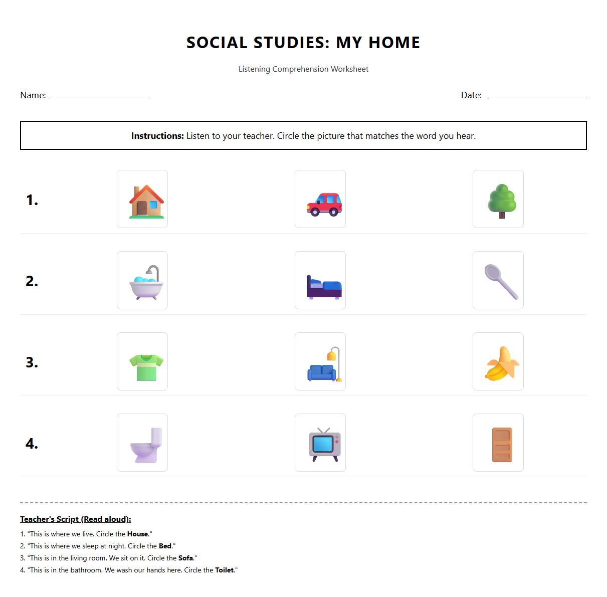 Listening Comprehension Worksheet on Home Vocabulary