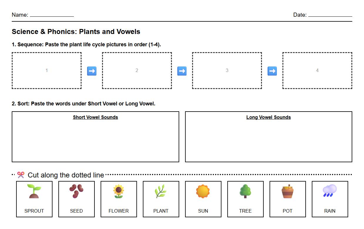 Long and Short Vowels Cut and Paste for Sequencing Plant Life Cycle