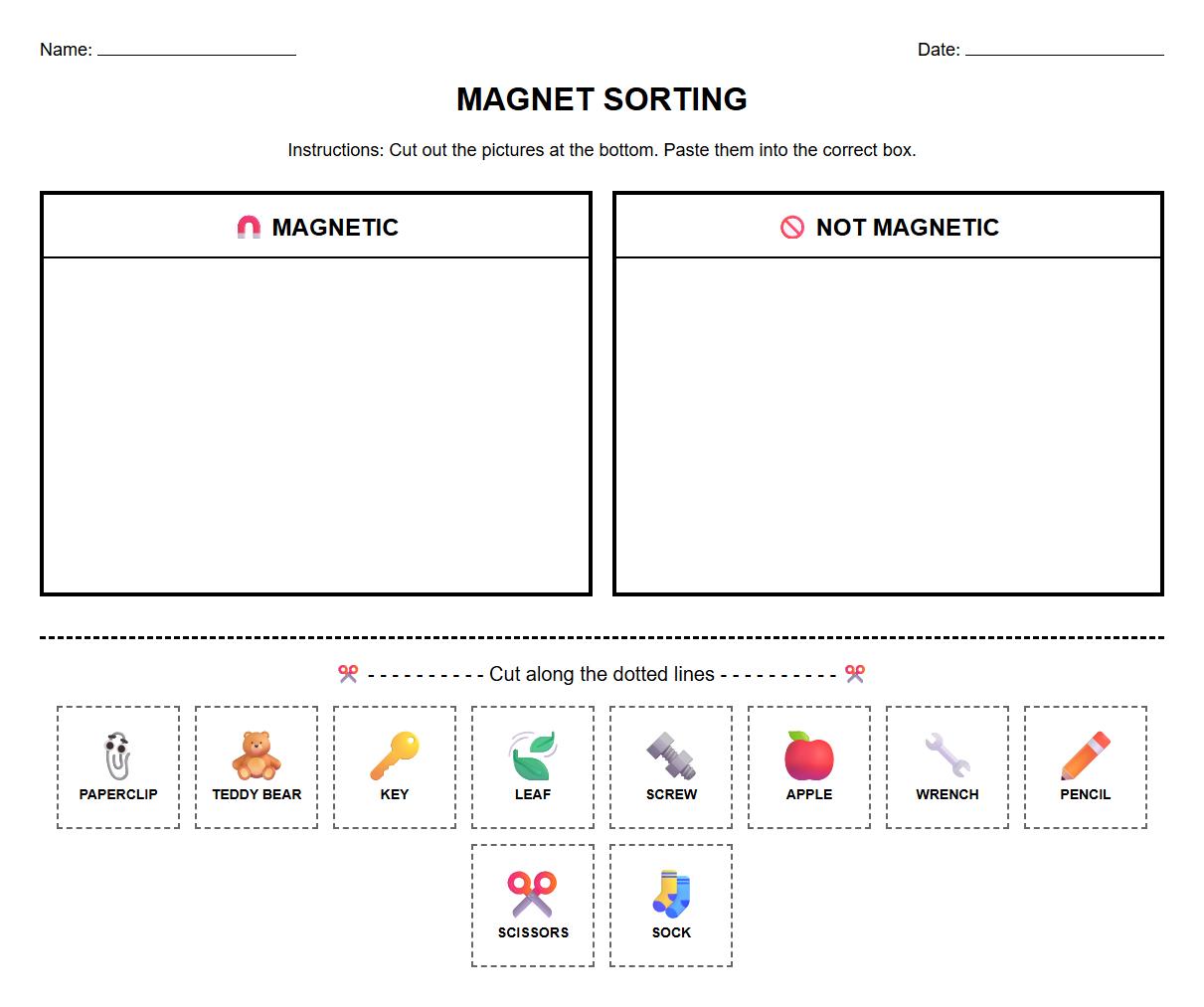 Magnet Sorting Activity Worksheet with Everyday Objects