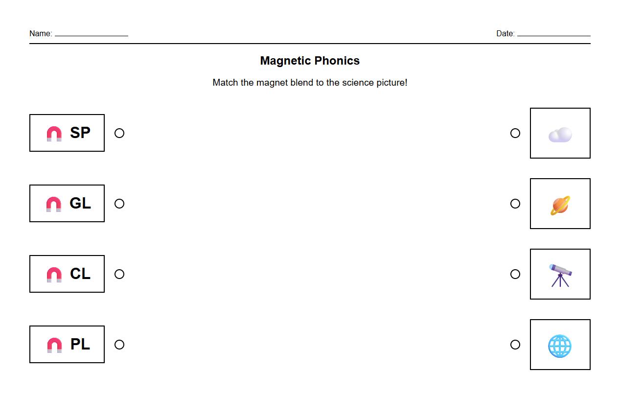 Magnet-themed Phonics Blend Matching Sheet