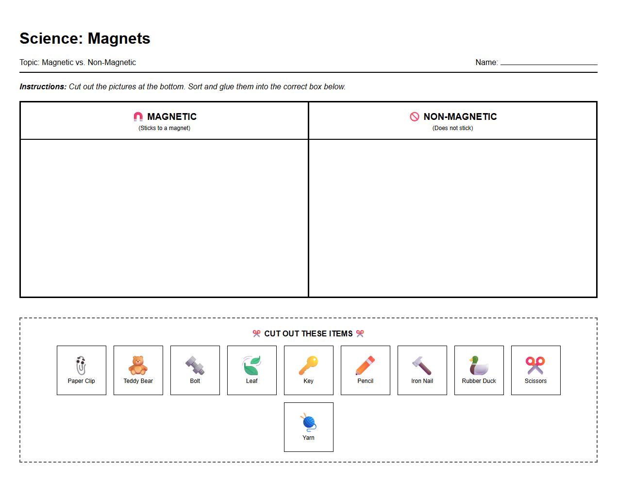 Magnetic and Nonmagnetic Item Picture Sorting with Real Objects