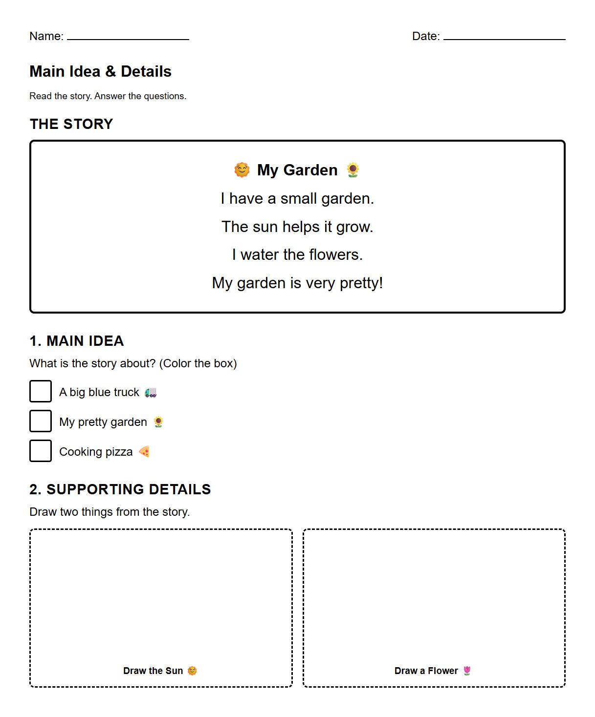 Main Idea and Supporting Details Worksheet for Kindergarten Level Texts