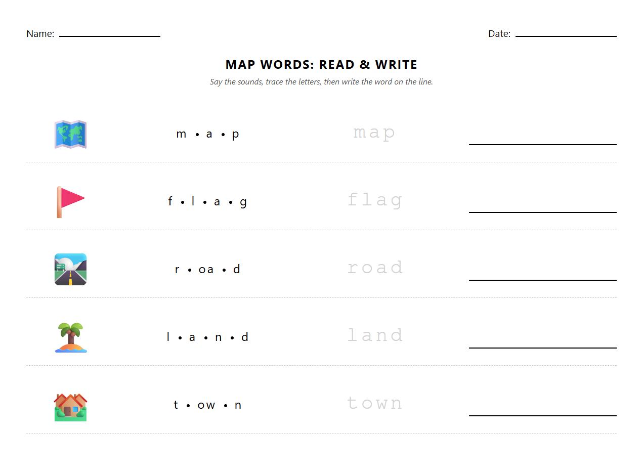 Map Elements Spelling and Blending Worksheet