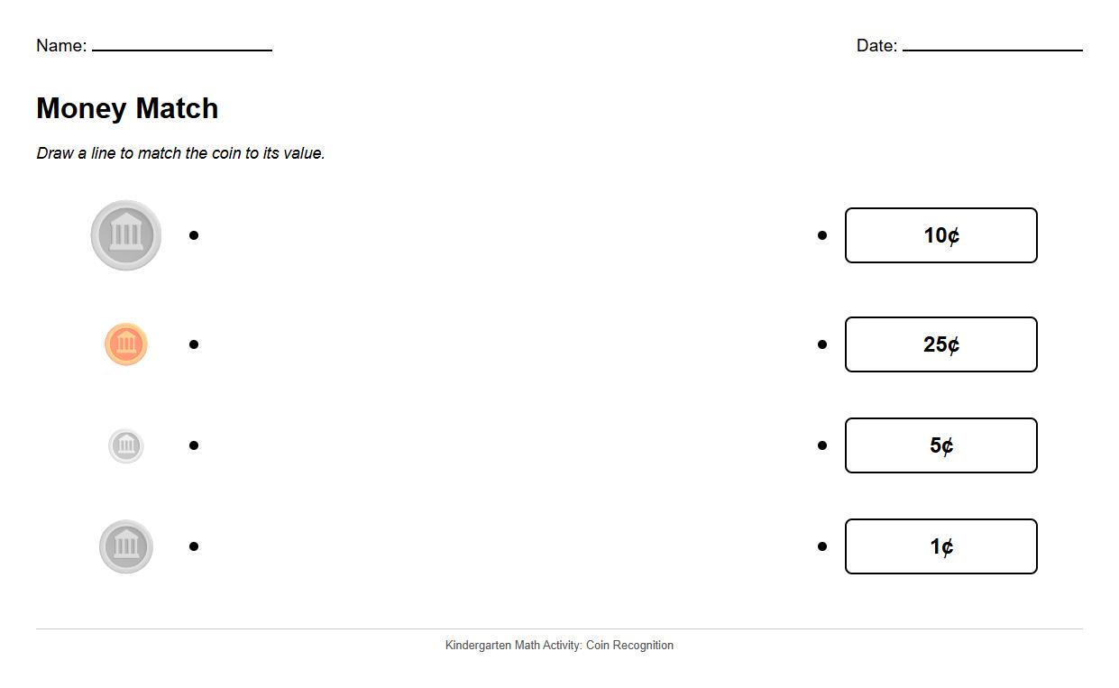 Matching Coin Images to Written Values Worksheet