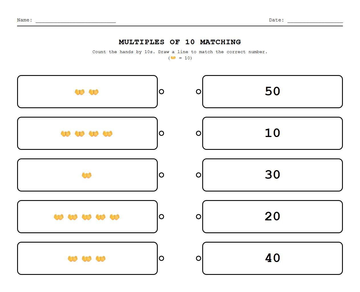 Matching Multiples of 10s Skip Counting Worksheet