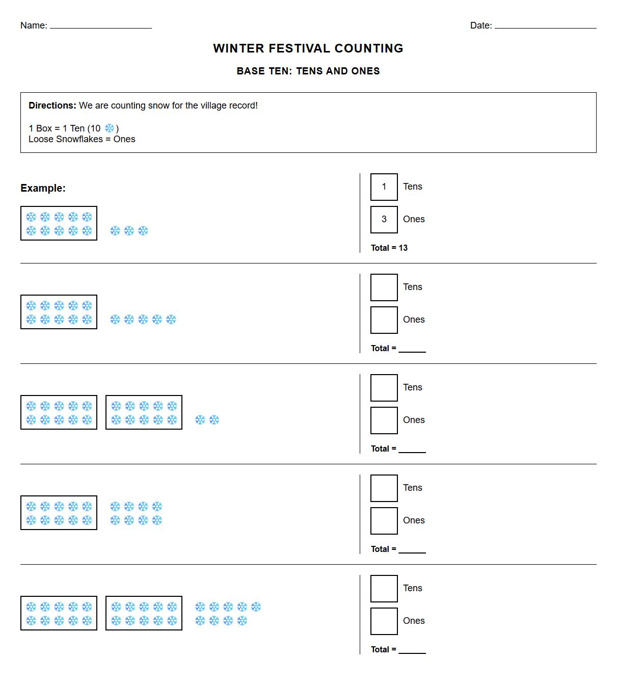 Math Counting Worksheet with Winter Snowflake Symbols using Base Ten Concepts