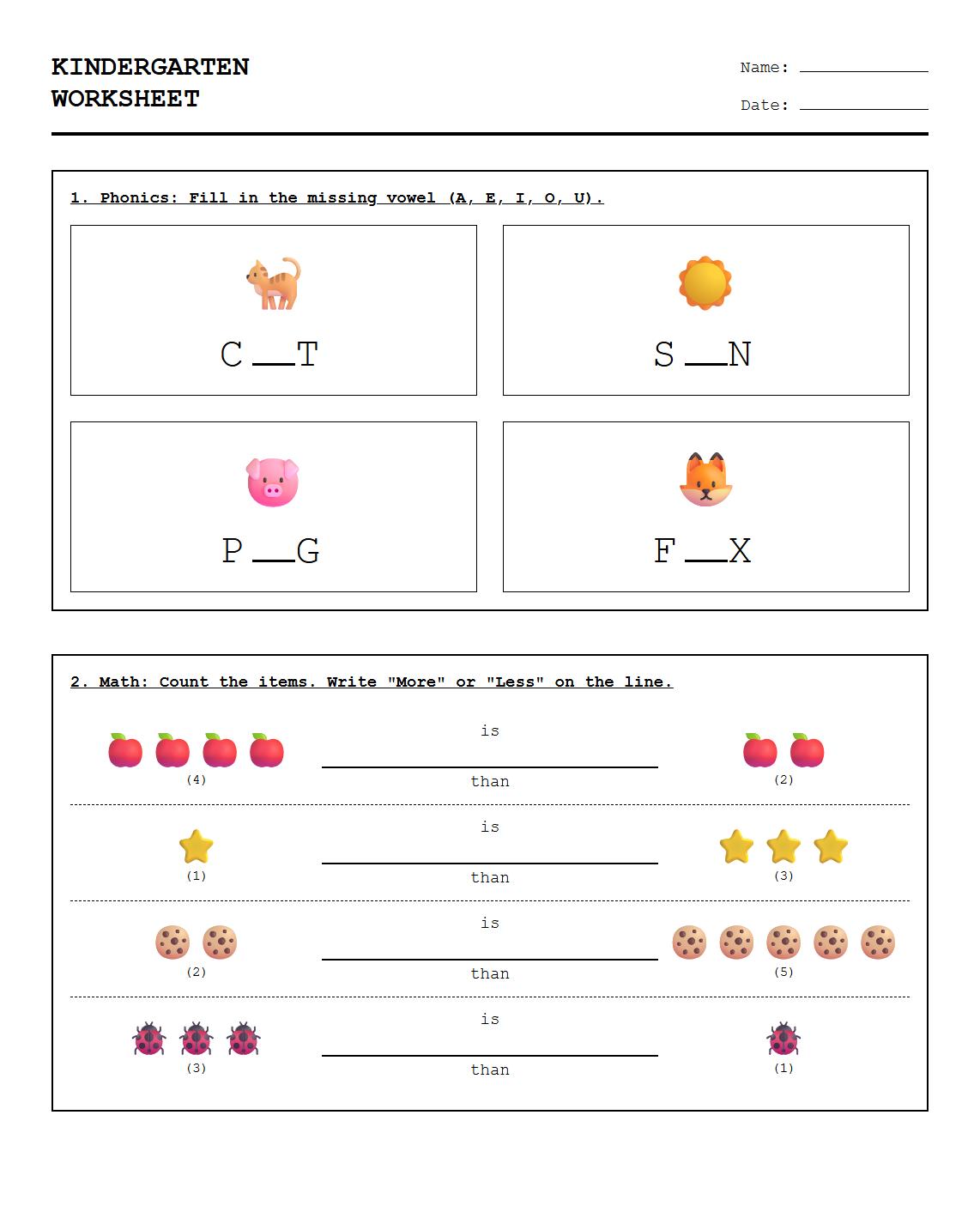 Math and Phonics Worksheet Fill in the Blank with More or Less