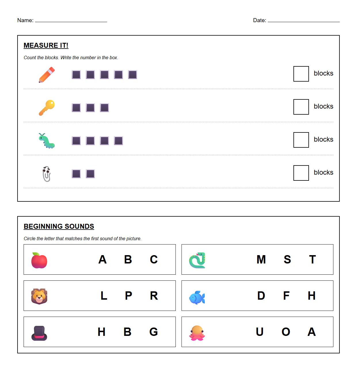 Measure Using Nonstandard Units and Identify Initial Phonics Sound