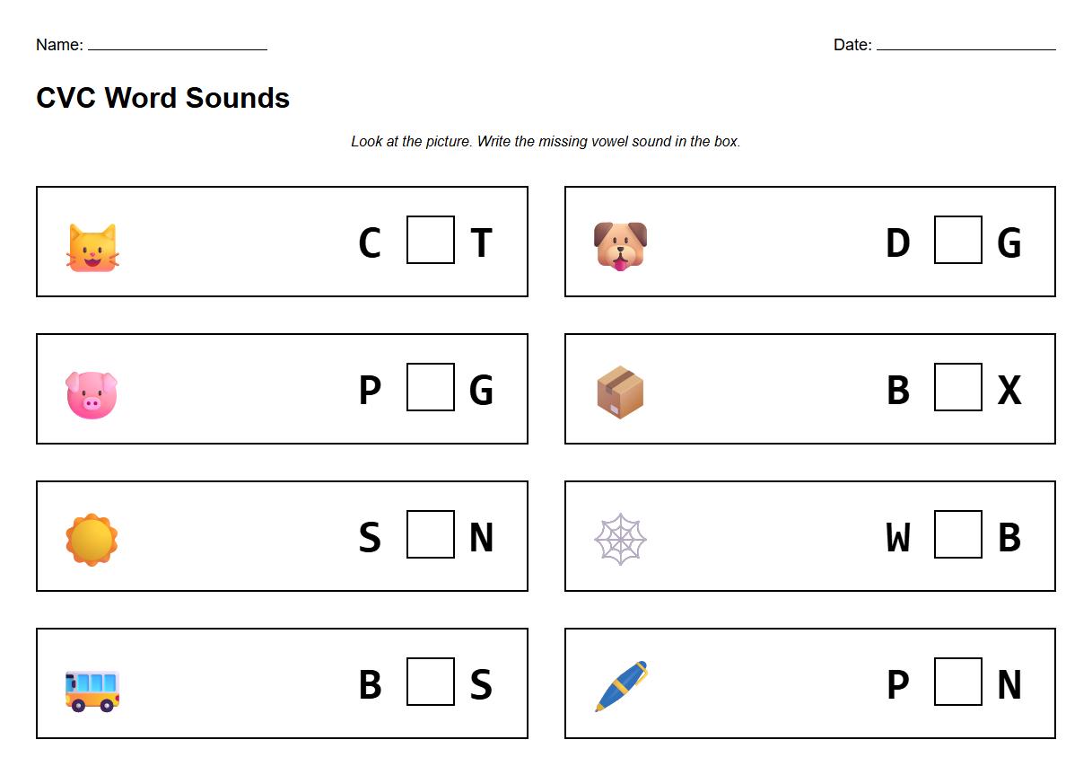 Missing Sound CVC Word Segmentation Fill-in Activity