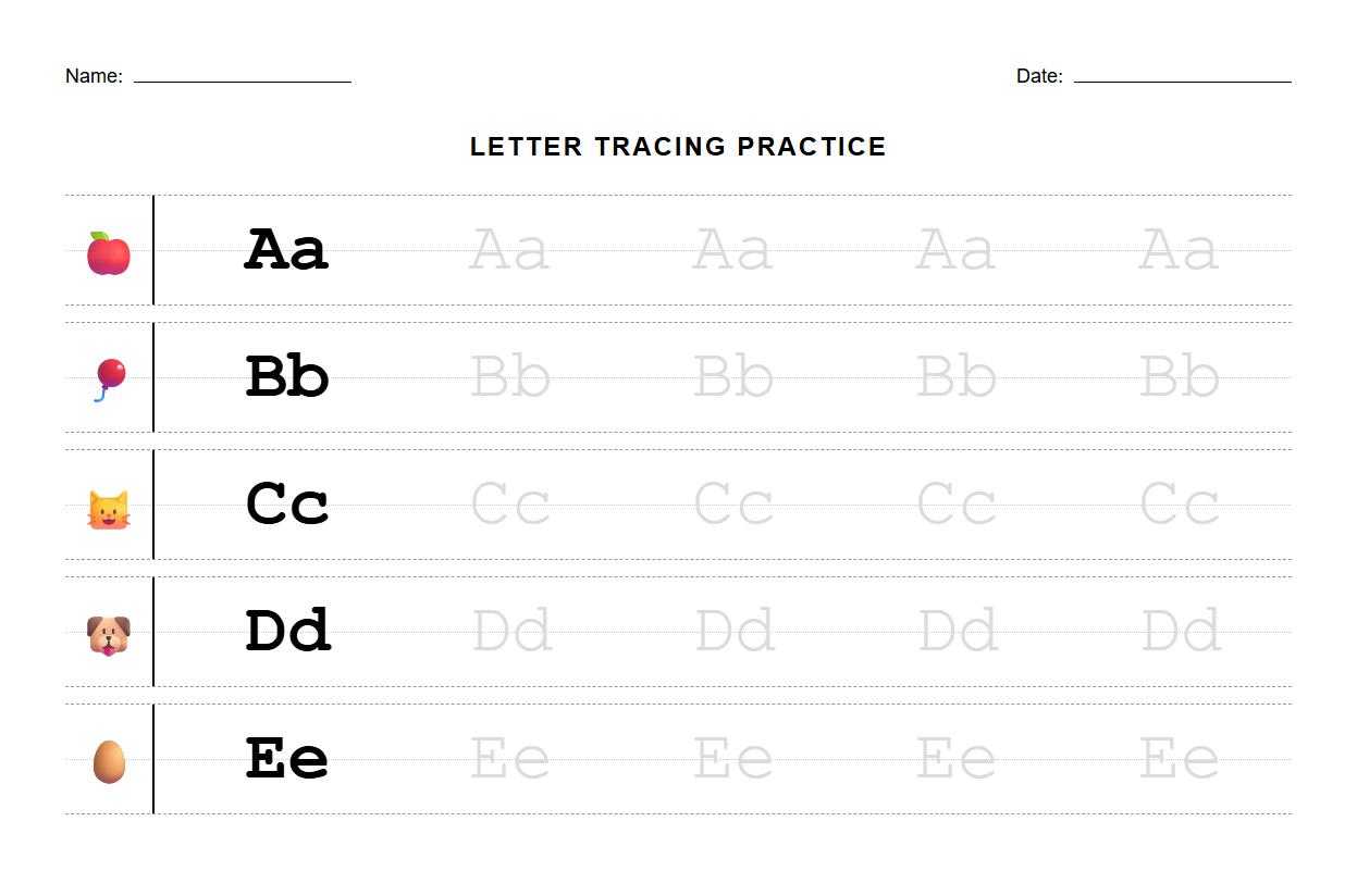 Mixed Uppercase and Lowercase Letter Tracing Practice Sheet