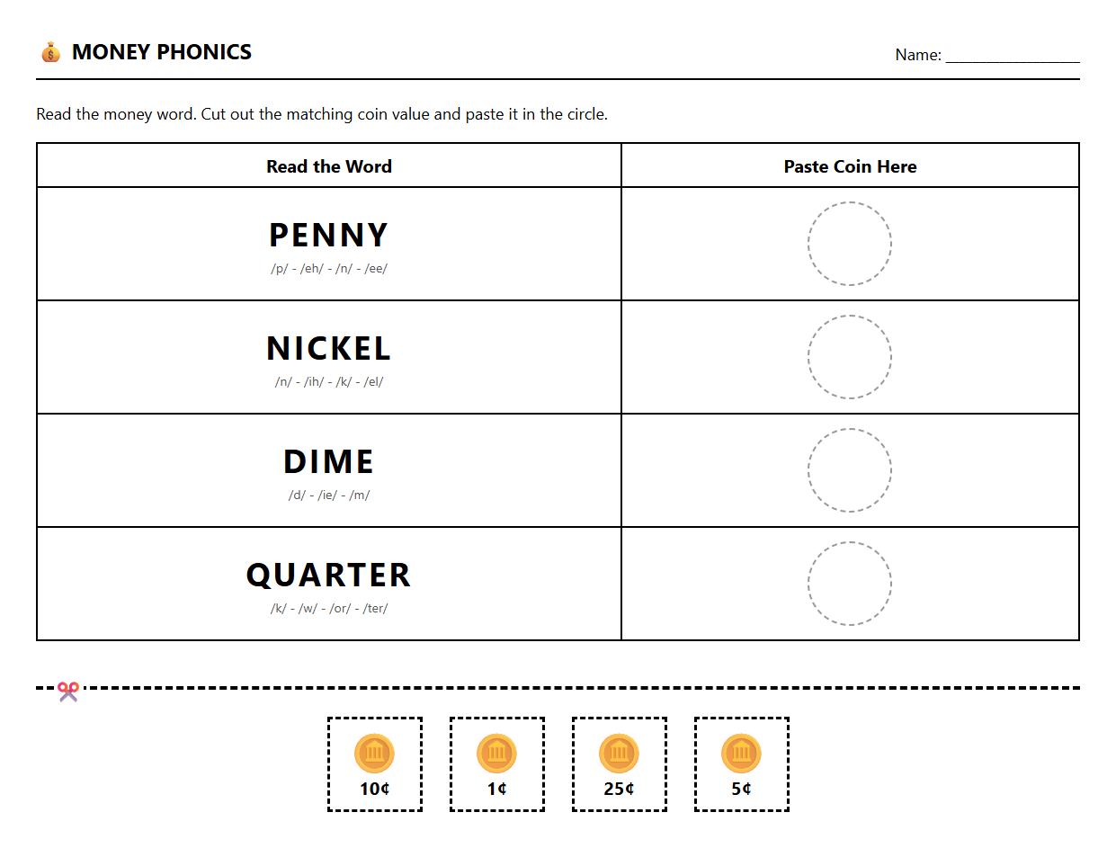 Money Vocabulary Phonics Cut and Paste