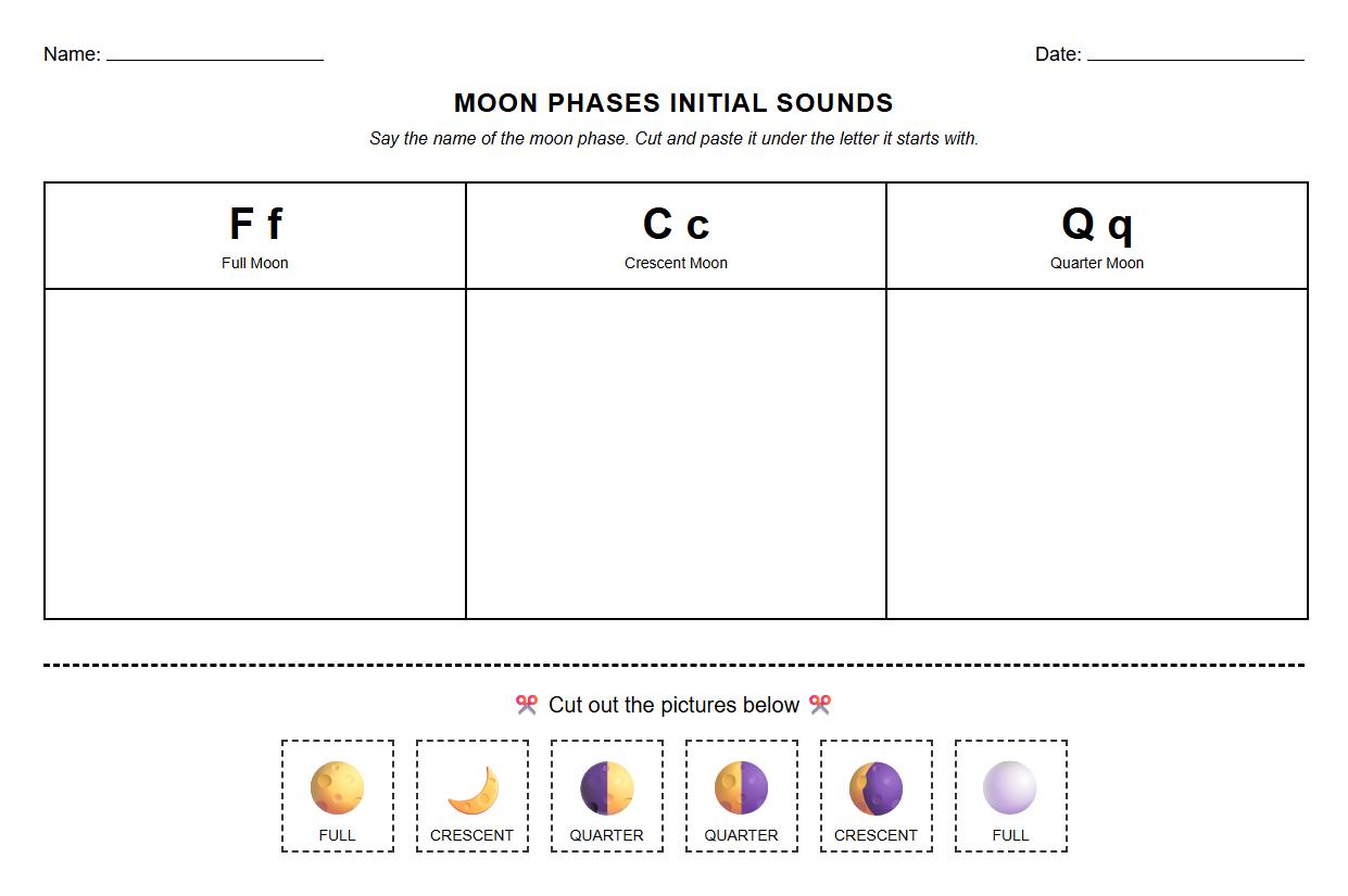 Moon Phases Initial Sound Sorting Worksheet