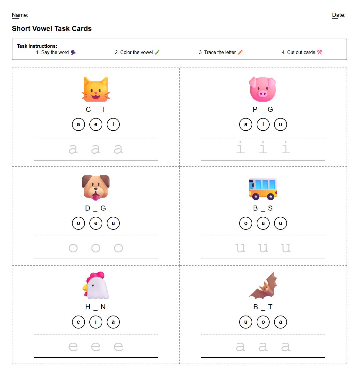 Multi Step Task Cards for Short Vowel Recognition