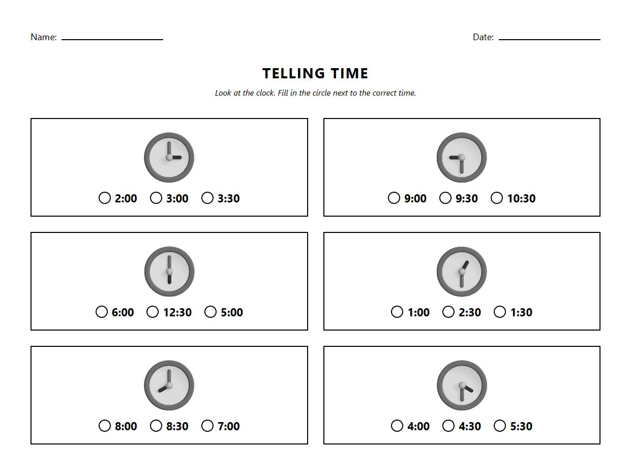 Multiple Choice Telling Time to the Hour and Half Hour Worksheet