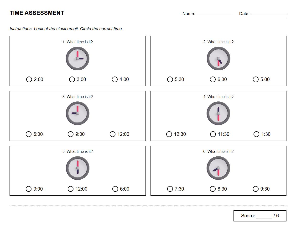 Multiple Choice Time Recognition Assessment Worksheet